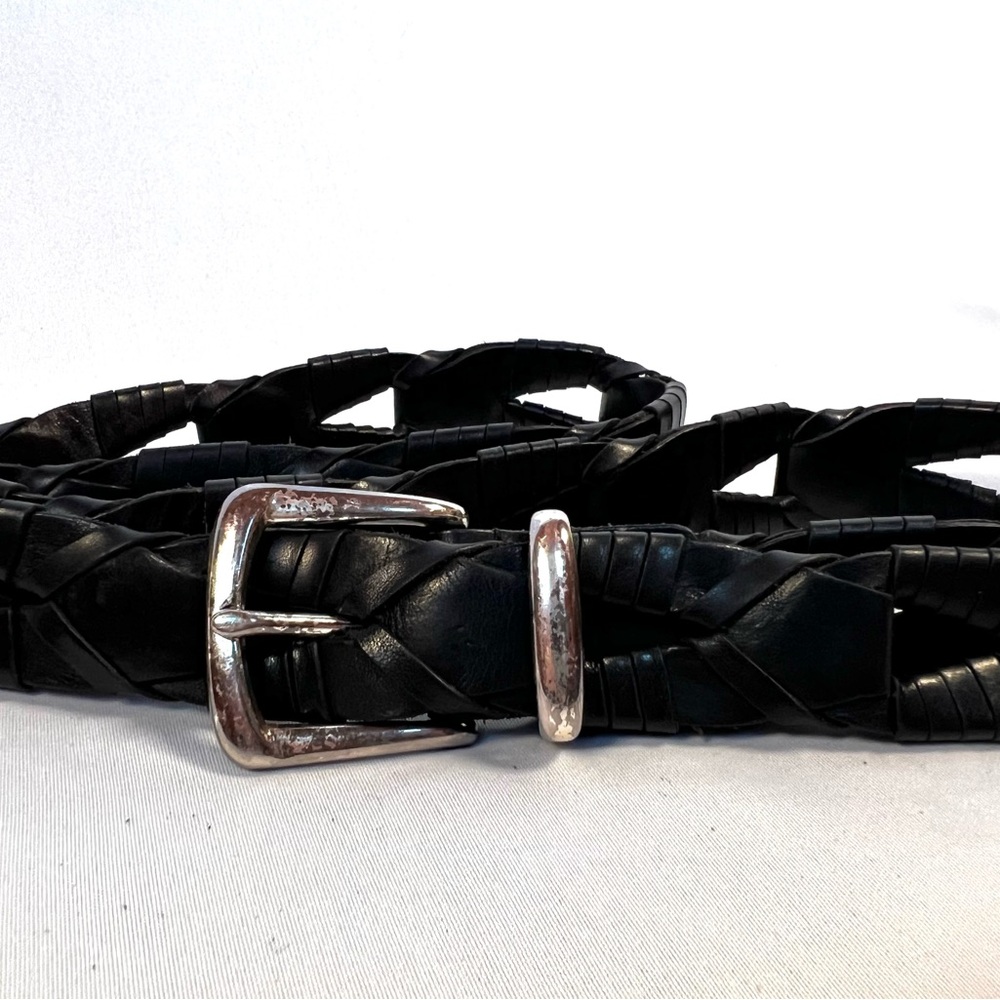 Fossil Black Braided Leather Belt MB1036 Size 34 Woven Silver Buckle